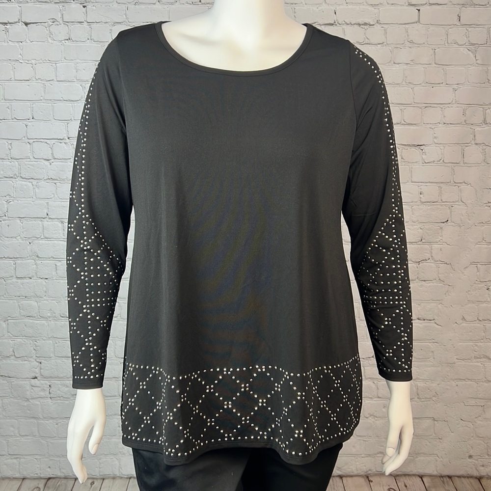 Belldini Black & Silver Studded Long Sleeve Top Plus Size 1X